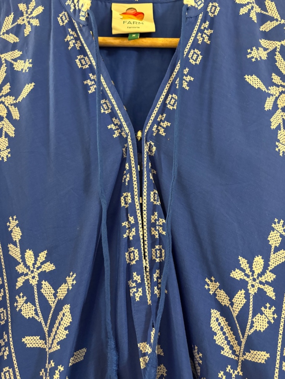 FARM Rio Blue Tropical Cross Stitch Tiered Maxi Dress Medium - Picture 7 of 11